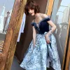 Fashion Navy Blue Homecoming Graduation Dresses 2020 Ball Gown Off-The-Shoulder Short Sleeve Flower Ruffle Knee-Length Backless Formal Dresses