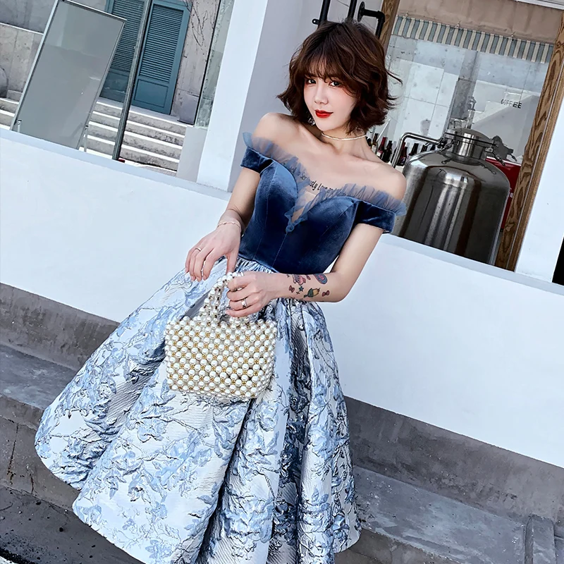 Fashion Navy Blue Homecoming Graduation Dresses 2020 Ball Gown Off The  Shoulder Short Sleeve Flower Ruffle Knee Length Backless Formal Dresses