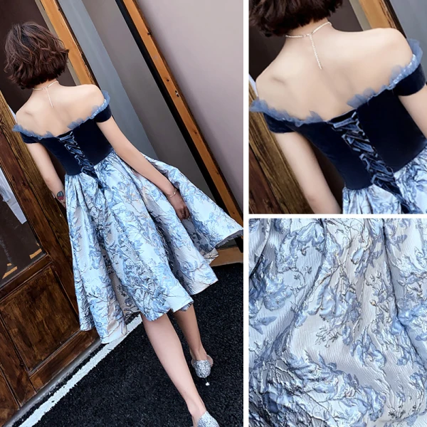 Fashion Navy Blue Homecoming Graduation Dresses 2020 Ball Gown Off-The-Shoulder Short Sleeve Flower Ruffle Knee-Length Backless Formal Dresses