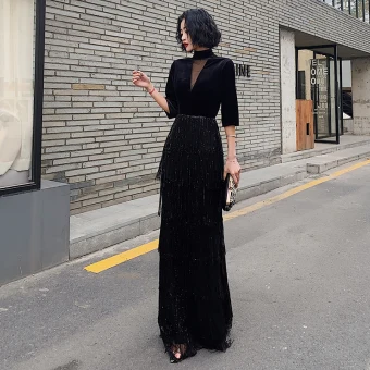 Vintage Retro Black See Through Evening Dresses 2020 Sheath Fit High Neck 3 4 Sleeve Sequins Tassel Floor Length Long Formal Dresses