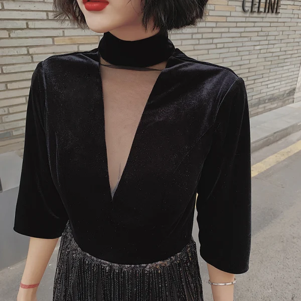 Vintage / Originale Noire Transparentes Robe De Soirée 2020 Gaine / Ajustement Col Haut 3/4 Manches Paillettes Gland Longue Robe De Ceremonie