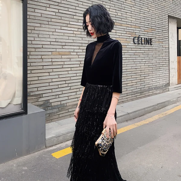 Vintage Retro Black See-through Evening Dresses 2020 Sheath Fit High Neck 3/4 Sleeve