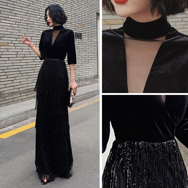 Vintage / Originale Noire Transparentes Robe De Soirée 2020 Gaine / Ajustement Col Haut 3/4 Manches Paillettes Gland Longue Robe De Ceremonie