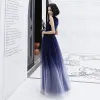 Starry Sky Navy Blue Evening Dresses  2020 A-Line / Princess V-Neck Sleeveless Glitter Tulle Floor-Length / Long Ruffle Formal Dresses