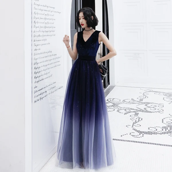 Starry Sky Navy Blue Evening Dresses 2020 A-Line / Princess V-Neck Sleeveless Glitter Tulle Floor-Length / Long Ruffle Formal Dresses