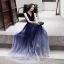 Starry Sky Navy Blue Evening Dresses  2020 A-Line / Princess V-Neck Sleeveless Glitter Tulle Floor-Length / Long Ruffle Formal Dresses