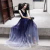 Starry Sky Navy Blue Evening Dresses  2020 A-Line / Princess V-Neck Sleeveless Glitter Tulle Floor-Length / Long Ruffle Formal Dresses