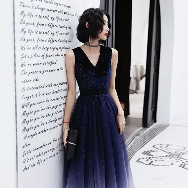 Starry Sky Navy Blue Evening Dresses 2020 A-Line / Princess V-Neck Sleeveless Glitter Tulle Floor-Length / Long Ruffle Formal Dresses