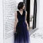 Starry Sky Navy Blue Evening Dresses  2020 A-Line / Princess V-Neck Sleeveless Glitter Tulle Floor-Length / Long Ruffle Formal Dresses