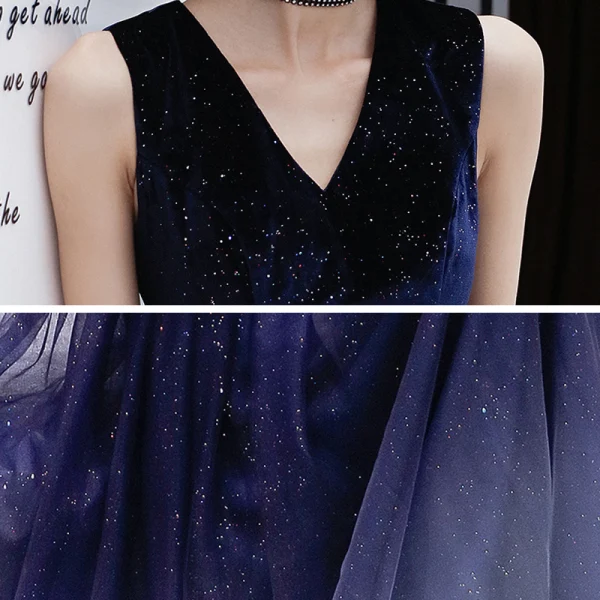 Starry Sky Navy Blue Evening Dresses 2020 A-Line / Princess V-Neck Sleeveless Glitter Tulle Floor-Length / Long Ruffle Formal Dresses