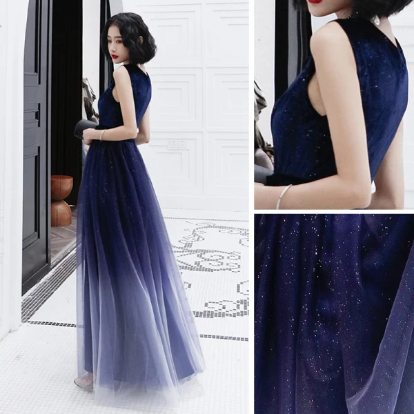 Starry Sky Navy Blue Evening Dresses 2020 A-Line / Princess V-Neck Sleeveless Glitter Tulle Floor-Length / Long Ruffle Formal Dresses