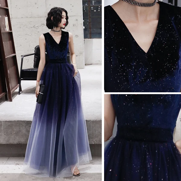 Starry Sky Navy Blue Evening Dresses 2020 A-Line / Princess V-Neck Sleeveless Glitter Tulle Floor-Length / Long Ruffle Formal Dresses