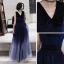 Starry Sky Navy Blue Evening Dresses  2020 A-Line / Princess V-Neck Sleeveless Glitter Tulle Floor-Length / Long Ruffle Formal Dresses