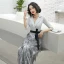 Chic / Belle Gris Robe De Soirée 2020 Princesse V-Cou 3/4 Manches Ceinture Paillettes Gland Longue Volants Robe De Ceremonie