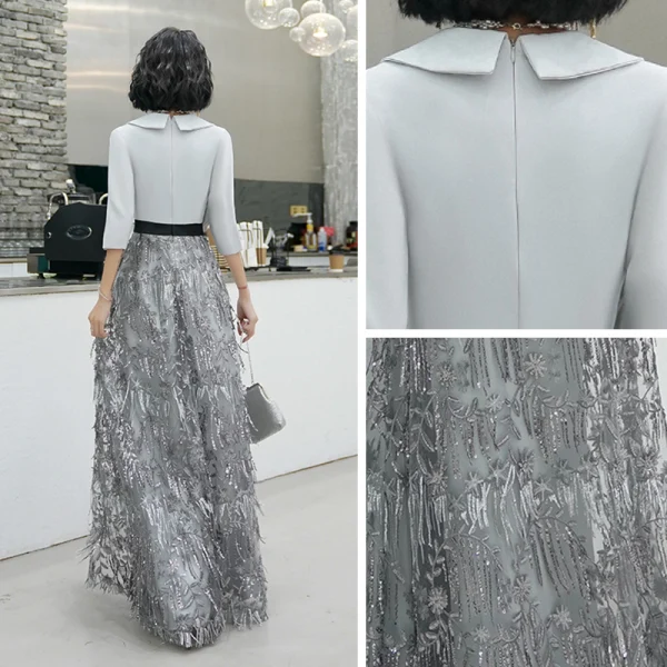 Chic / Belle Gris Robe De Soirée 2020 Princesse V-Cou 3/4 Manches Ceinture Paillettes Gland Longue Volants Robe De Ceremonie
