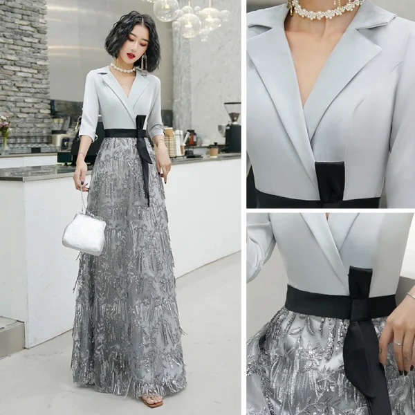 Chic / Belle Gris Robe De Soirée 2020 Princesse V-Cou 3/4 Manches Ceinture Paillettes Gland Longue Volants Robe De Ceremonie