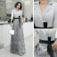 Chic / Belle Gris Robe De Soirée 2020 Princesse V-Cou 3/4 Manches Ceinture Paillettes Gland Longue Volants Robe De Ceremonie