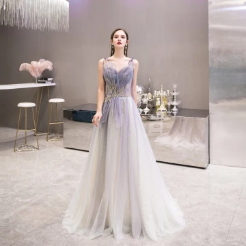 Élégant Violet Dégradé De Couleur Robe De Soirée 2020 Princesse Bretelles Spaghetti Sans Manches Perlage Perle Glitter Tulle Train De Balayage Volants Dos Nu