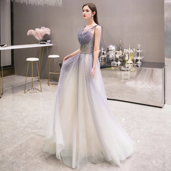 Elegante Violett Farbverlauf Abendkleider 2020 A Linie Spaghettiträger Ärmellos Perlenstickerei Perle Glanz Tülle Sweep / Pinsel Zug Rüschen Rückenfreies