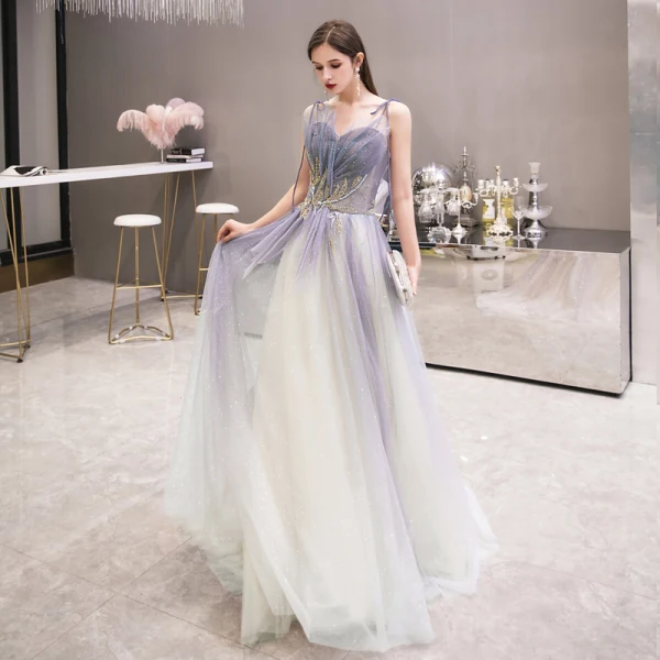 Elegante Violett Farbverlauf Abendkleider 2020 A Linie Spaghettiträger Ärmellos Perlenstickerei Perle Glanz Tülle Sweep / Pinsel Zug Rüschen Rückenfreies