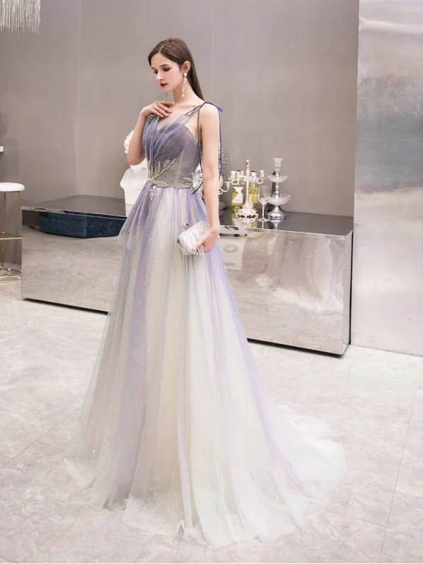 Elegante Violett Farbverlauf Abendkleider 2020 A Linie Spaghettiträger Ärmellos Perlenstickerei Perle Glanz Tülle Sweep / Pinsel Zug Rüschen Rückenfreies