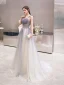 Elegante Violett Farbverlauf Abendkleider 2020 A Linie Spaghettiträger Ärmellos Perlenstickerei Perle Glanz Tülle Sweep / Pinsel Zug Rüschen Rückenfreies