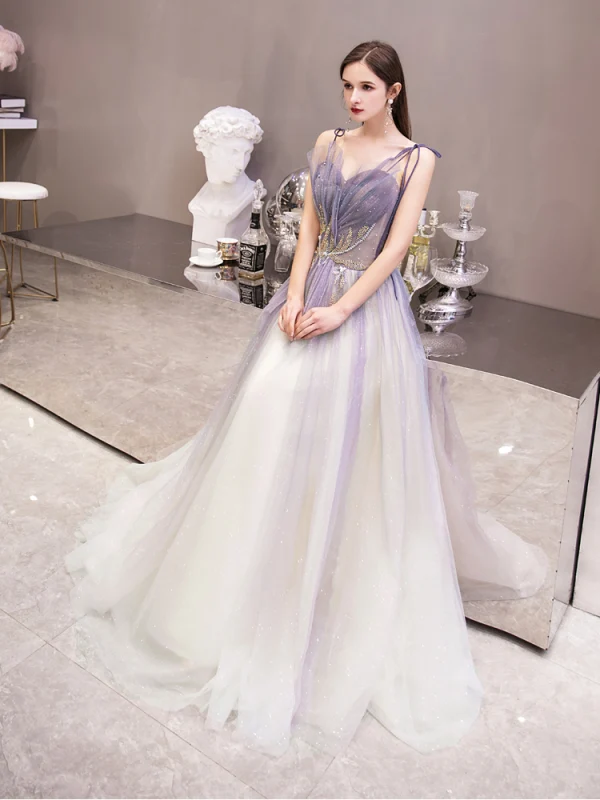 Elegante Violett Farbverlauf Abendkleider 2020 A Linie Spaghettiträger Ärmellos Perlenstickerei Perle Glanz Tülle Sweep / Pinsel Zug Rüschen Rückenfreies