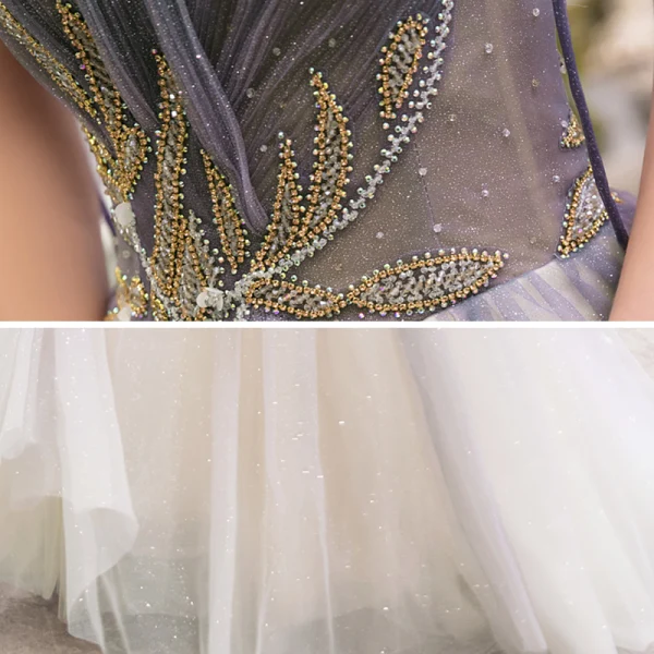 Elegante Violett Farbverlauf Abendkleider 2020 A Linie Spaghettiträger Ärmellos Perlenstickerei Perle Glanz Tülle Sweep / Pinsel Zug Rüschen Rückenfreies