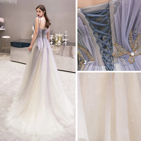 Elegante Violett Farbverlauf Abendkleider 2020 A Linie Spaghettiträger Ärmellos Perlenstickerei Perle Glanz Tülle Sweep / Pinsel Zug Rüschen Rückenfreies