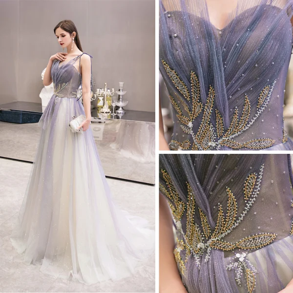 Elegante Violett Farbverlauf Abendkleider 2020 A Linie Spaghettiträger Ärmellos Perlenstickerei Perle Glanz Tülle Sweep / Pinsel Zug Rüschen Rückenfreies
