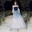 Elegante Königliches Blau Farbverlauf Durchsichtige Abendkleider 2020 A Linie Eckiger Ausschnitt 3/4 Ärmel Glockenhülsen Star Pailletten Lange Rüschen Rückenfreies Festliche Kleider