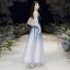 Elegante Königliches Blau Farbverlauf Durchsichtige Abendkleider 2020 A Linie Eckiger Ausschnitt 3/4 Ärmel Glockenhülsen Star Pailletten Lange Rüschen Rückenfreies Festliche Kleider