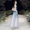 Elegant Royal Blue Gradient-Color See-through Evening Dresses  2020 A-Line / Princess Square Neckline 3/4 Sleeve Bell sleeves Star Sequins Floor-Length / Long Ruffle Backless Formal Dresses
