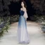 Elegante Königliches Blau Farbverlauf Durchsichtige Abendkleider 2020 A Linie Eckiger Ausschnitt 3/4 Ärmel Glockenhülsen Star Pailletten Lange Rüschen Rückenfreies Festliche Kleider