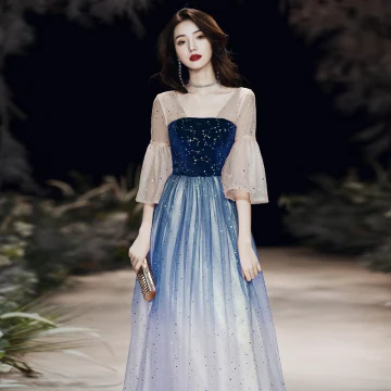 Elegant Royal Blue Gradient Color See Through Evening Dresses 2020 A Line Princess Square Neckline 3 4 Sleeve Bell Sleeves Star Sequins Floor Length Long Ruffle Backless Formal Dresses
