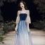 Elegante Königliches Blau Farbverlauf Durchsichtige Abendkleider 2020 A Linie Eckiger Ausschnitt 3/4 Ärmel Glockenhülsen Star Pailletten Lange Rüschen Rückenfreies Festliche Kleider