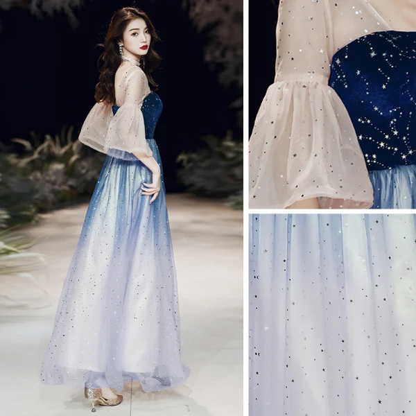 Elegante Königliches Blau Farbverlauf Durchsichtige Abendkleider 2020 A Linie Eckiger Ausschnitt 3/4 Ärmel Glockenhülsen Star Pailletten Lange Rüschen Rückenfreies Festliche Kleider