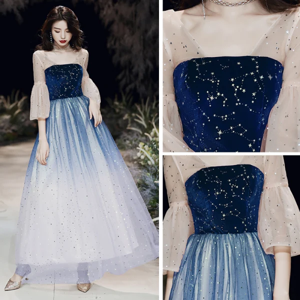 Elegante Königliches Blau Farbverlauf Durchsichtige Abendkleider 2020 A Linie Eckiger Ausschnitt 3/4 Ärmel Glockenhülsen Star Pailletten Lange Rüschen Rückenfreies Festliche Kleider