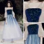 Elegante Königliches Blau Farbverlauf Durchsichtige Abendkleider 2020 A Linie Eckiger Ausschnitt 3/4 Ärmel Glockenhülsen Star Pailletten Lange Rüschen Rückenfreies Festliche Kleider