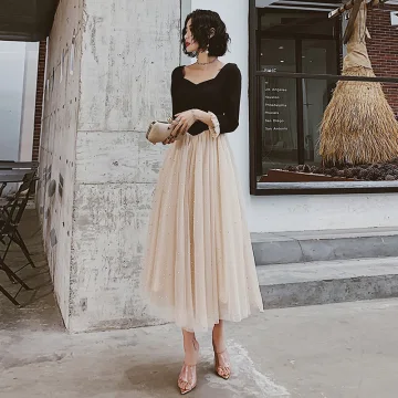 Chic Beautiful Champagne Black Evening Dresses 2020 A Line Princess Square Neckline 3 4 Sleeve Sequins Tulle Tea Length Ruffle Formal Dresses
