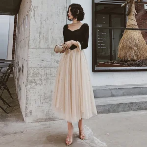 Chic Beautiful Champagne Black Evening Dresses 2020 A Line Princess Square Neckline 3 4 Sleeve Sequins Tulle Tea Length Ruffle Formal Dresses