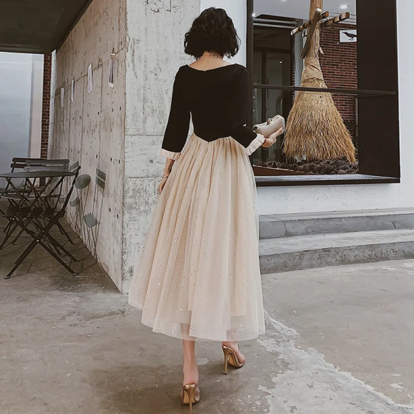Chic / Beautiful Champagne Black Evening Dresses 2020 A-Line / Princess Square Neckline 3/4 Sleeve Sequins Tulle Tea-length Ruffle Formal Dresses