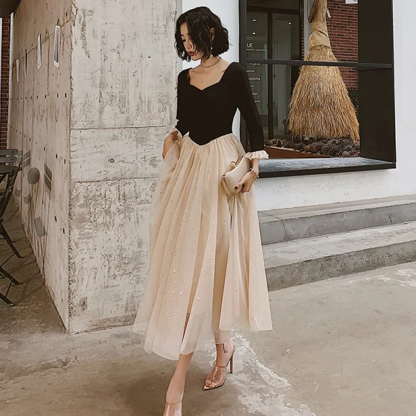 Chic / Beautiful Champagne Black Evening Dresses 2020 A-Line / Princess Square Neckline 3/4 Sleeve Sequins Tulle Tea-length Ruffle Formal Dresses