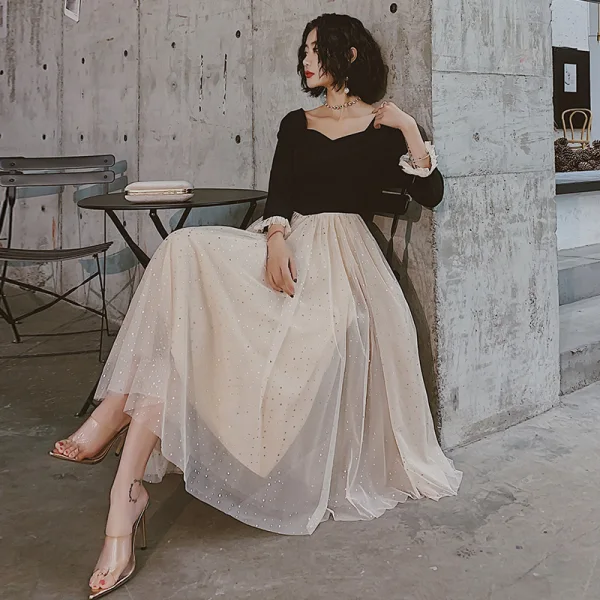 Chic / Beautiful Champagne Black Evening Dresses 2020 A-Line / Princess Square Neckline 3/4 Sleeve Sequins Tulle Tea-length Ruffle Formal Dresses