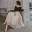 Chic / Beautiful Champagne Black Evening Dresses  2020 A-Line / Princess Square Neckline 3/4 Sleeve Sequins Tulle Tea-length Ruffle Formal Dresses
