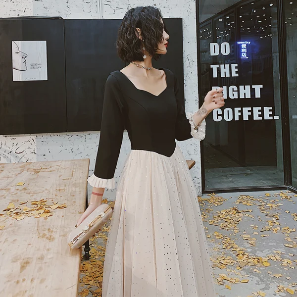 Chic / Beautiful Champagne Black Evening Dresses 2020 A-Line / Princess Square Neckline 3/4 Sleeve Sequins Tulle Tea-length Ruffle Formal Dresses