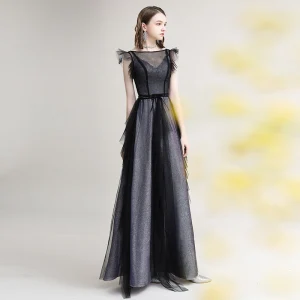 Fine Grå Svart Selskapskjoler 2020 Prinsesse Gjennomsiktig Firkantet Hals Uten Ermer Glitter Polyester Lange Buste Formelle Kjoler