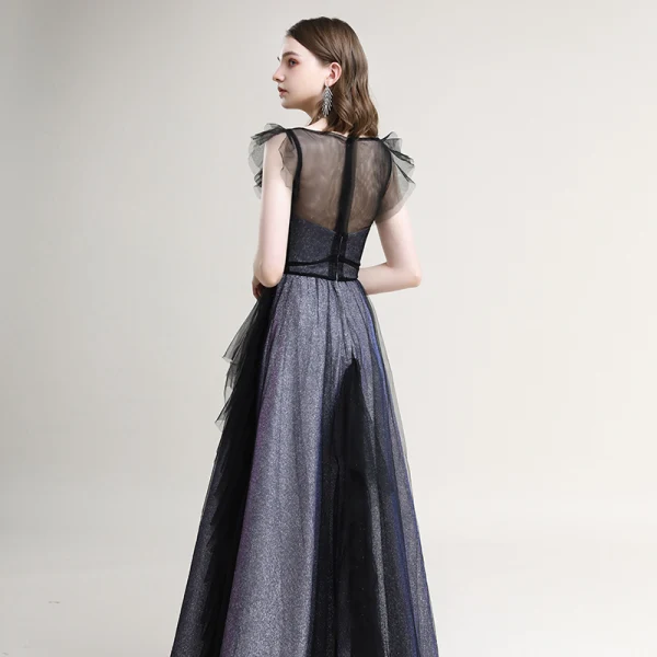 Chic / Beautiful Grey Black Evening Dresses 2020 A-Line / Princess See-through Square Neckline Sleeveless Glitter Polyester Floor-Length / Long Ruffle Formal Dresses