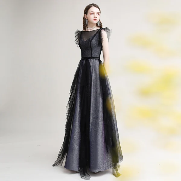 Chic / Beautiful Grey Black Evening Dresses 2020 A-Line / Princess See-through Square Neckline Sleeveless Glitter Polyester Floor-Length / Long Ruffle Formal Dresses