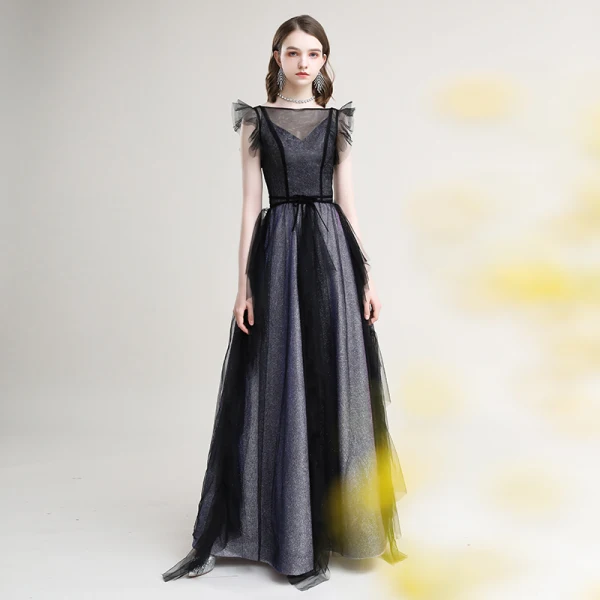 Chic / Beautiful Grey Black Evening Dresses 2020 A-Line / Princess See-through Square Neckline Sleeveless Glitter Polyester Floor-Length / Long Ruffle Formal Dresses